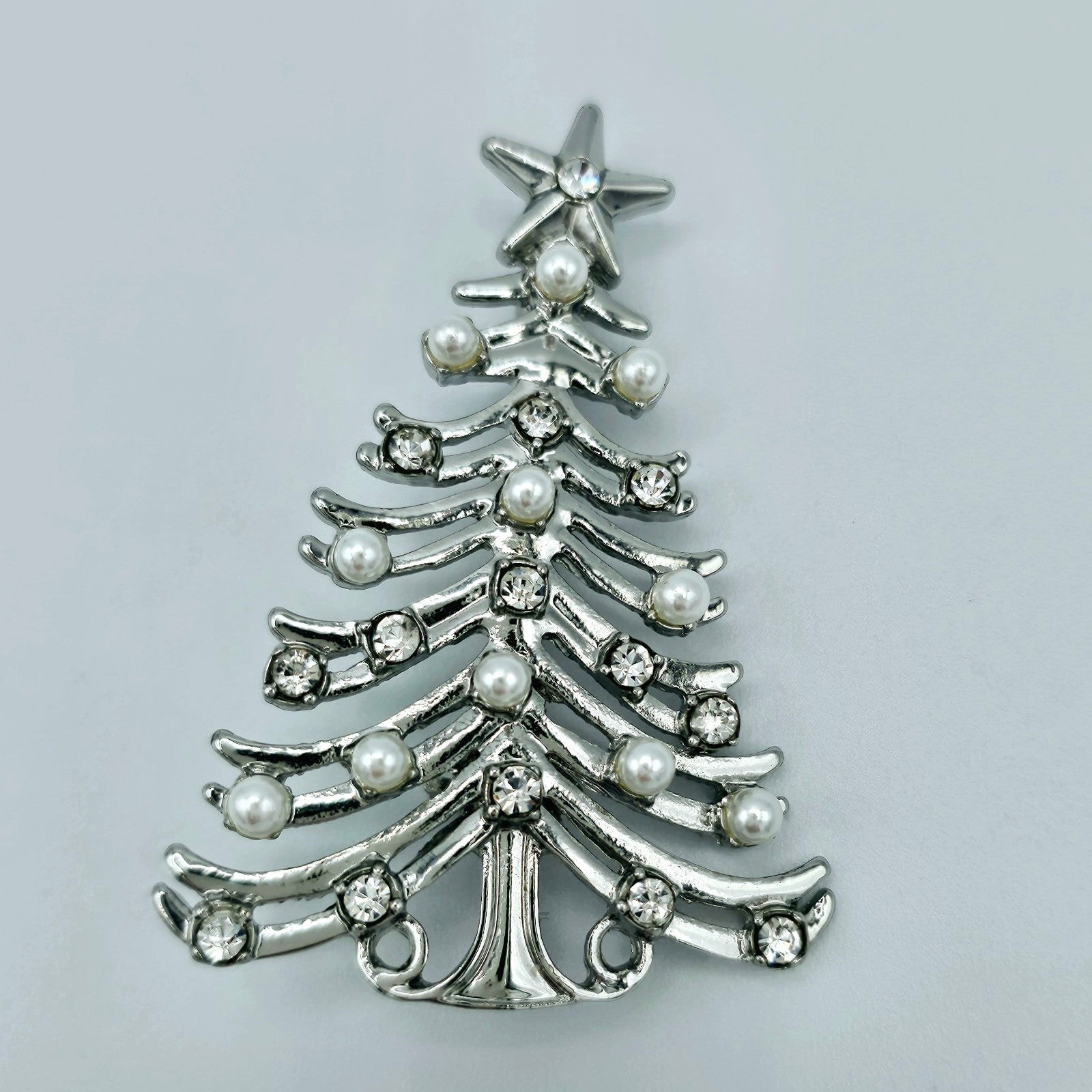 Christmas Tree Brooch Rhinestone Faux Pearl Holiday Star Christmas Pin